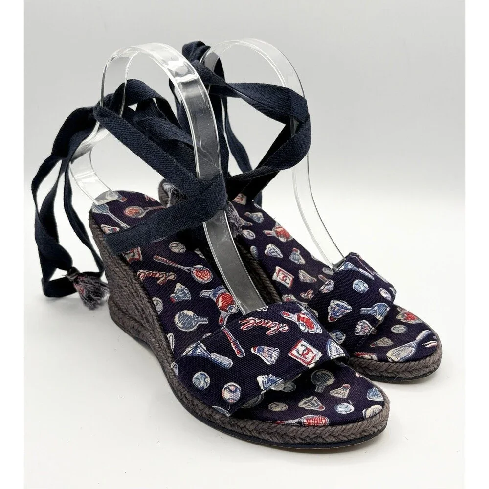 Chanel Badminton/Tennis Theme Navy Blue Espadrille Wedge Sandals Vintage EU 35